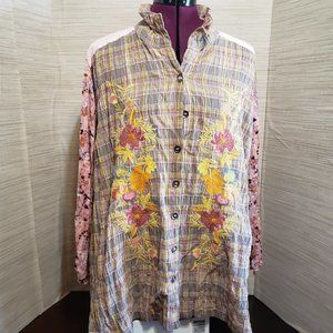 Cabelas Tunic Shirt Plus Size 1X Womens Plaid Floral Button Roll Tab Sleeves